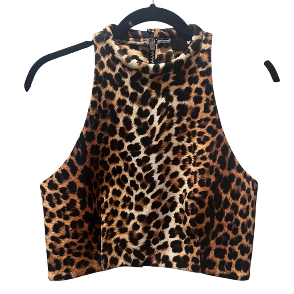 NICHOLAS Leopard Print High Neck Sleeveless Crop Top Brown Tan Animal Print Zip